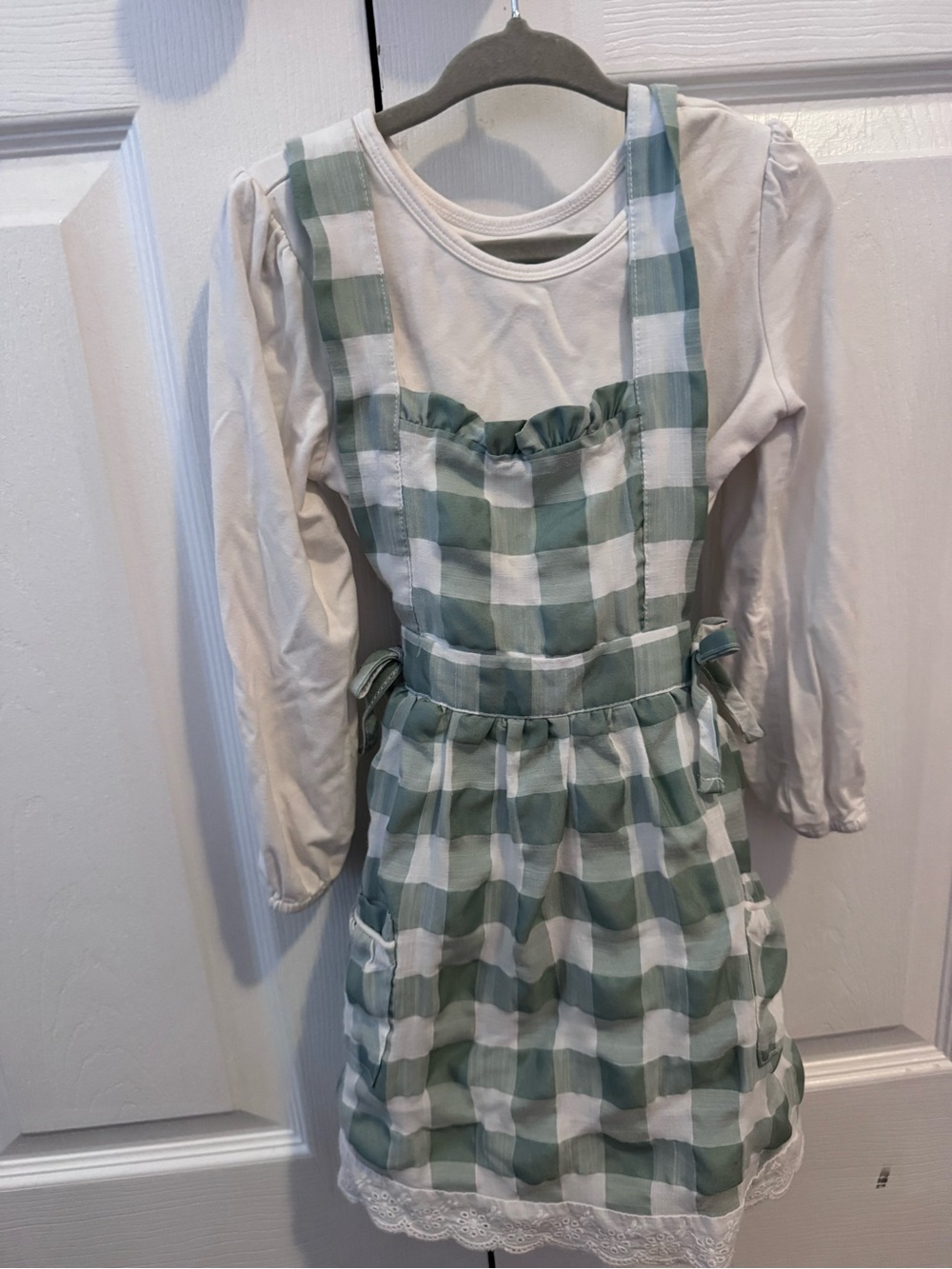 Love and grow Girls Green Gingham Pinafore Dress with Long-Sleeve Top